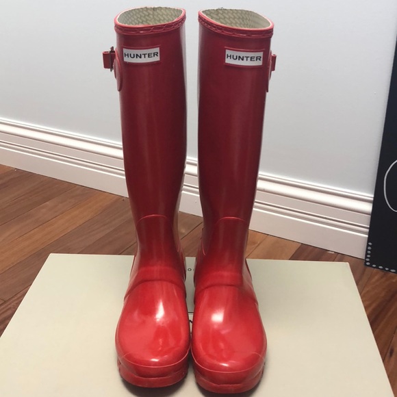 glossy red hunter boots